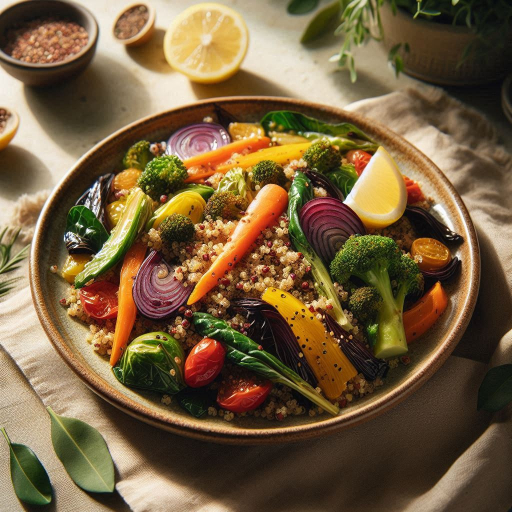 “Sabores que florecen: Ensalada tibia de quinoa con vegetales asados y vinagreta cítrica