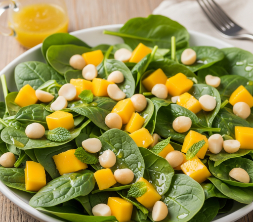 Ensalada fresca con nueces de macadamia, mango y espinaca: salud y sabor en cada bocado